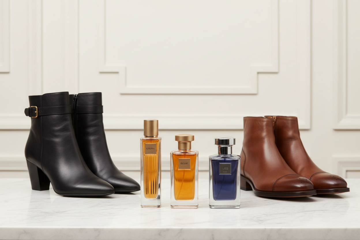 Man and Woman fragrances paired with fashion boots for both!