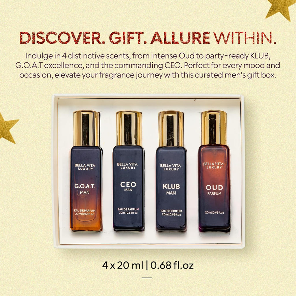 Experience Luxury with the Bella Vita Premium Long-Lasting Perfume Gift Set for Men | 4 Captivating Scents in One Elegant Collection | G.O.A.T, OUD, CEO, KLUB