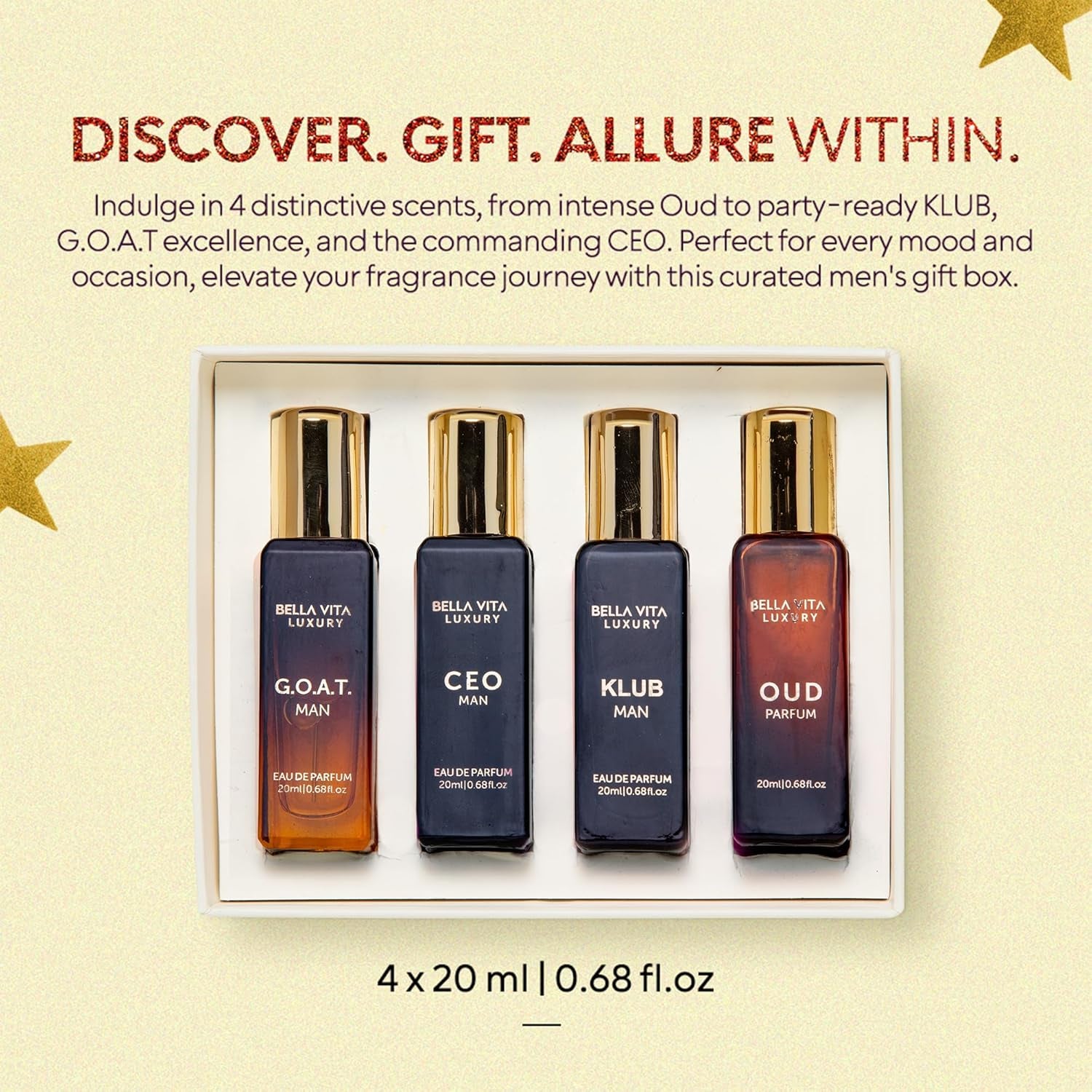 Experience Luxury with the Bella Vita Premium Long-Lasting Perfume Gift Set for Men | 4 Captivating Scents in One Elegant Collection | G.O.A.T, OUD, CEO, KLUB