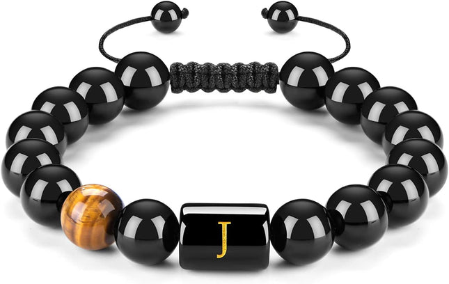 Initials Bracelets for Men Letter Link Handmade Natural Black Onyx Tiger Eye Stone Beads Braided Rope Meaningful Bracelet