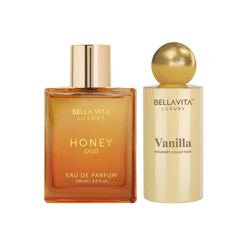 Bellavita Luxury Honey Oud & Vanilla Perfume Combo | Unisex Eau De Parfum Gift Set | Long Lasting Floral, Spicy & Musky Fragrances | 2 X 100Ml | Premium, Elegant & Cruelty-Free Perfume Duo