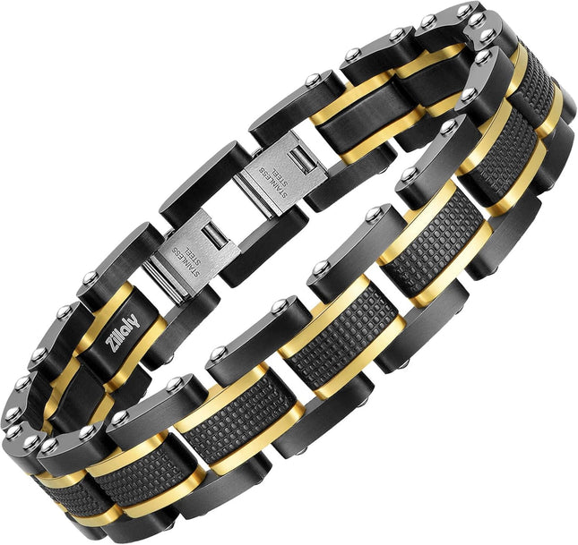 Men'S Stainless Steel Two-Tone Square Link Diamond Bracelet in Black & Blue Ion-Plated Black