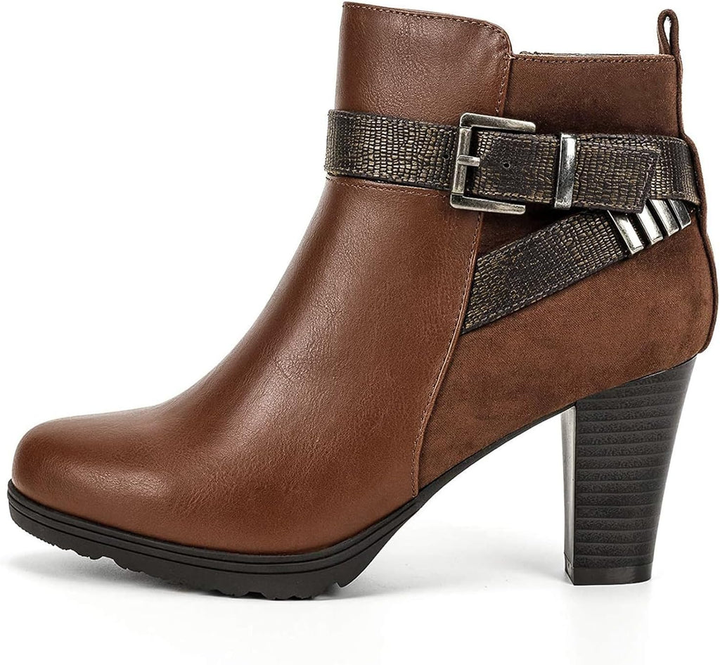Step Out in Style with Our Women's Chunky Stacked Heel Ankle Booties Featuring a Trendy Zipper and Buckle Strap