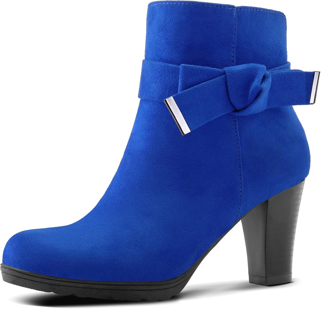 Step Out in Style: Women's Royal Blue Chunky Stacked Heel Ankle Boots with Convenient Zipper