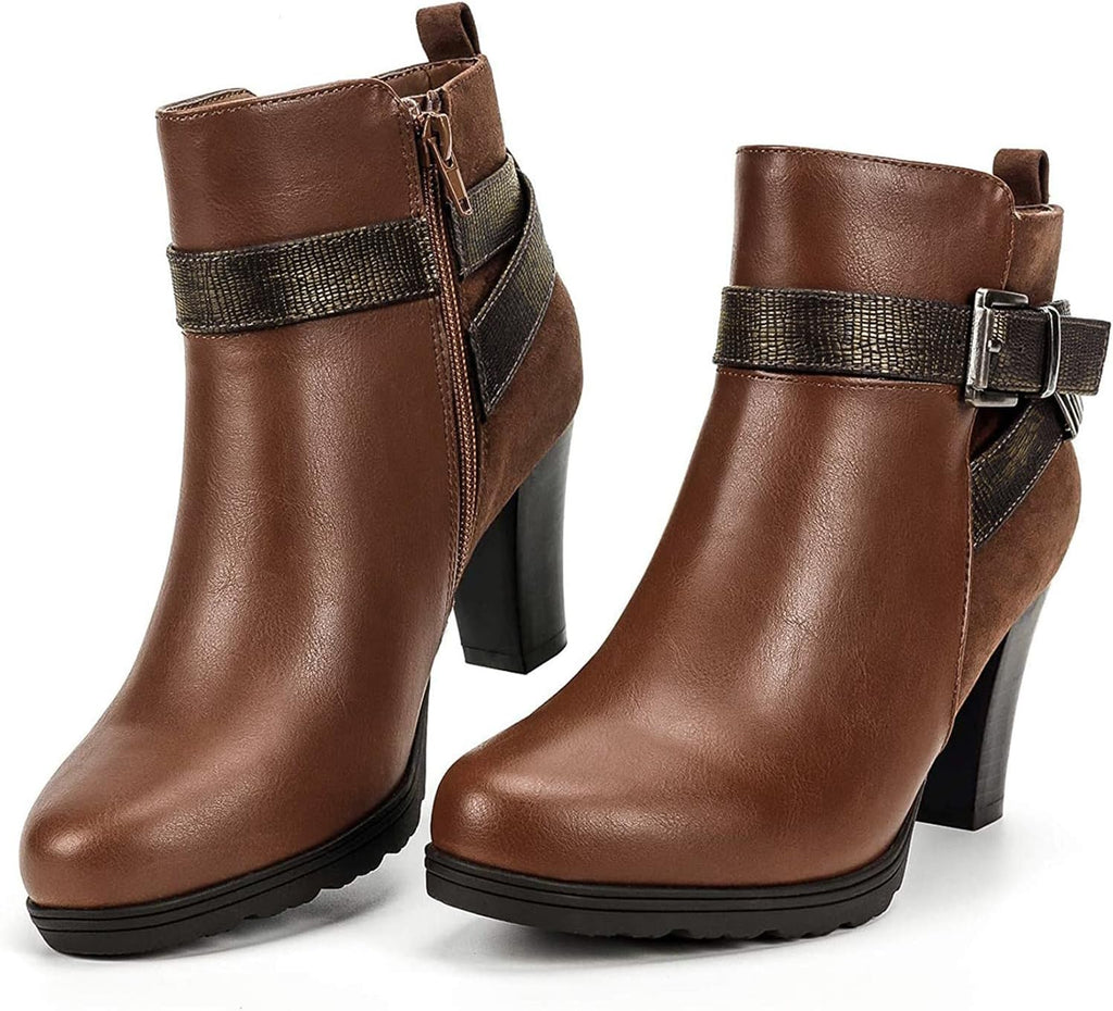 Step Out in Style with Our Women's Chunky Stacked Heel Ankle Booties Featuring a Trendy Zipper and Buckle Strap