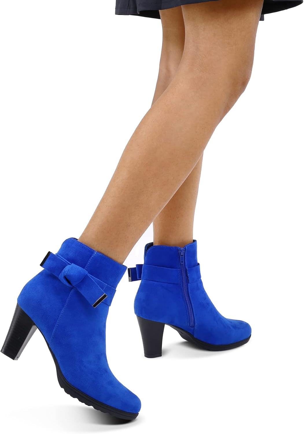 Step Out in Style: Women's Royal Blue Chunky Stacked Heel Ankle Boots with Convenient Zipper