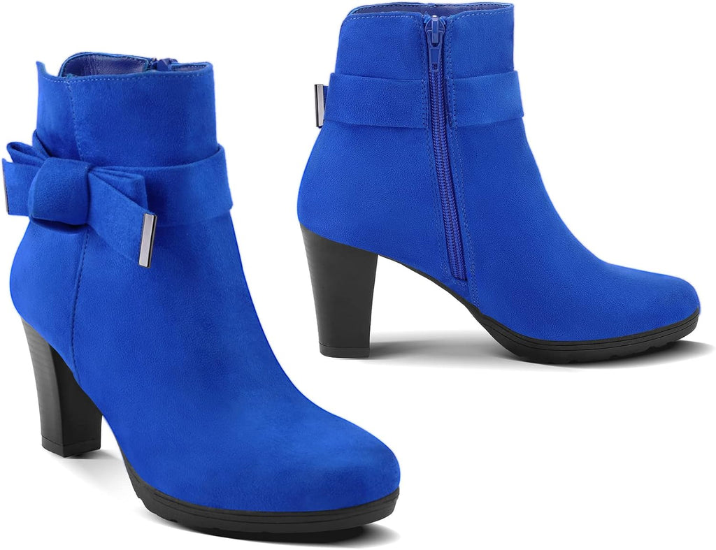 Step Out in Style: Women's Royal Blue Chunky Stacked Heel Ankle Boots with Convenient Zipper
