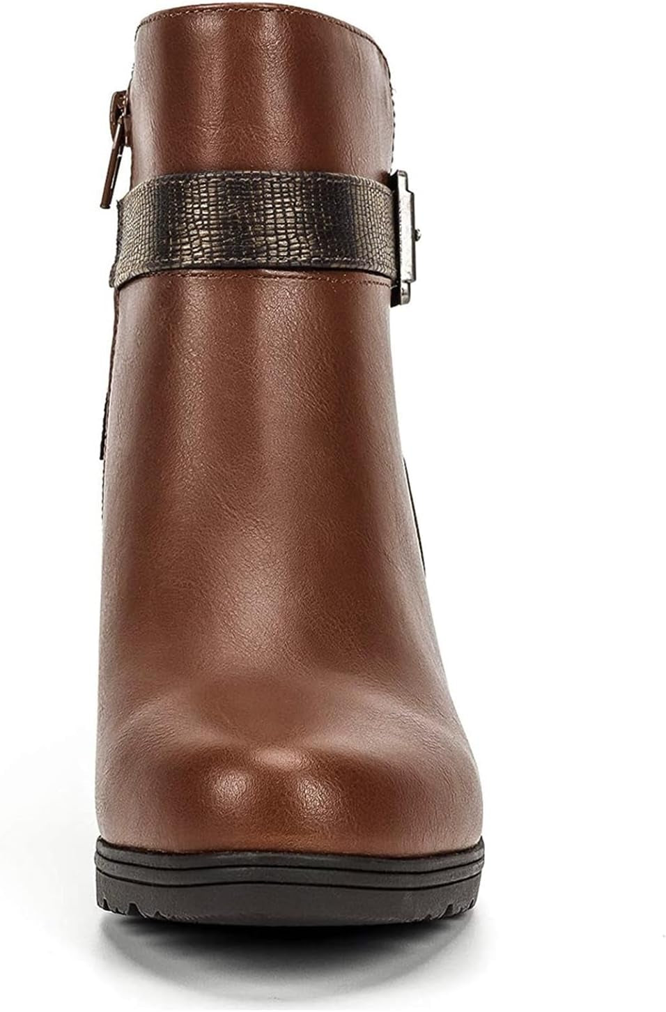 Step Out in Style with Our Women's Chunky Stacked Heel Ankle Booties Featuring a Trendy Zipper and Buckle Strap