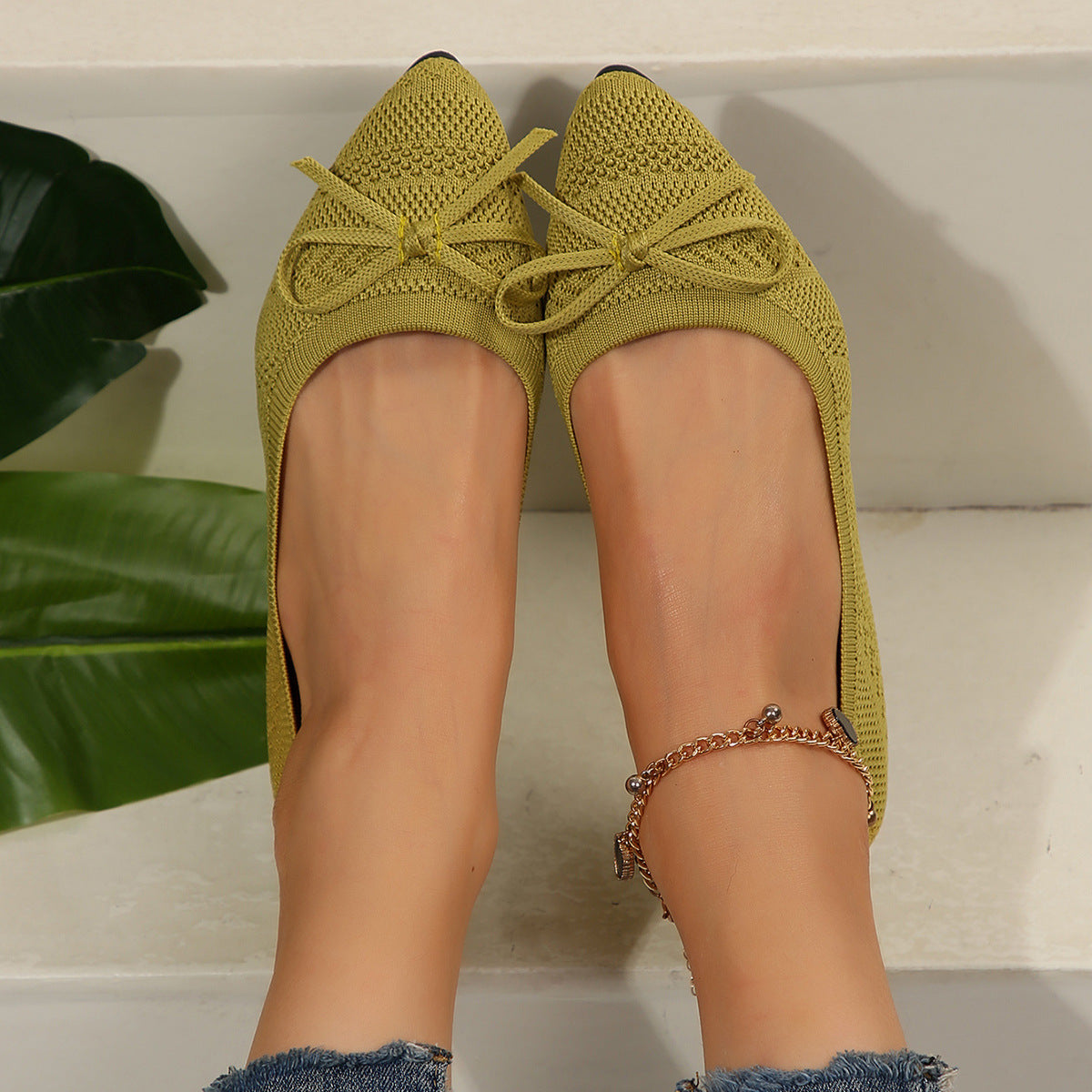 Women's Bow Knitted Loafers - Pointed-Toe Flats | GemTime Collective