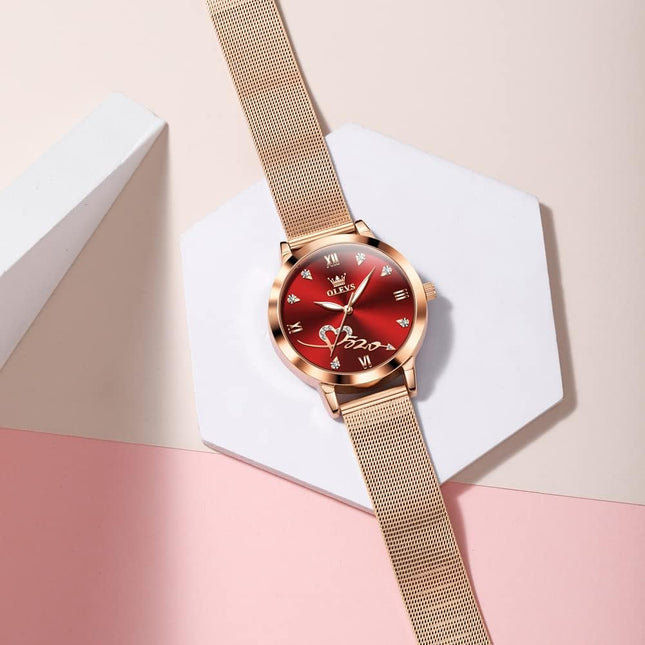 Women's Rose Gold Mesh Strap Watch - Fashionable Dress Timepiece with Heart Design, Japanese Quartz Movement, Waterproof and Luminous Features, Includes Bracelet Set