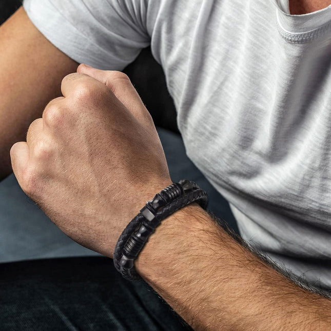 Mens Double-Row Braided Leather Bracelet Bangle Wristband with Stainless Steel Ornaments