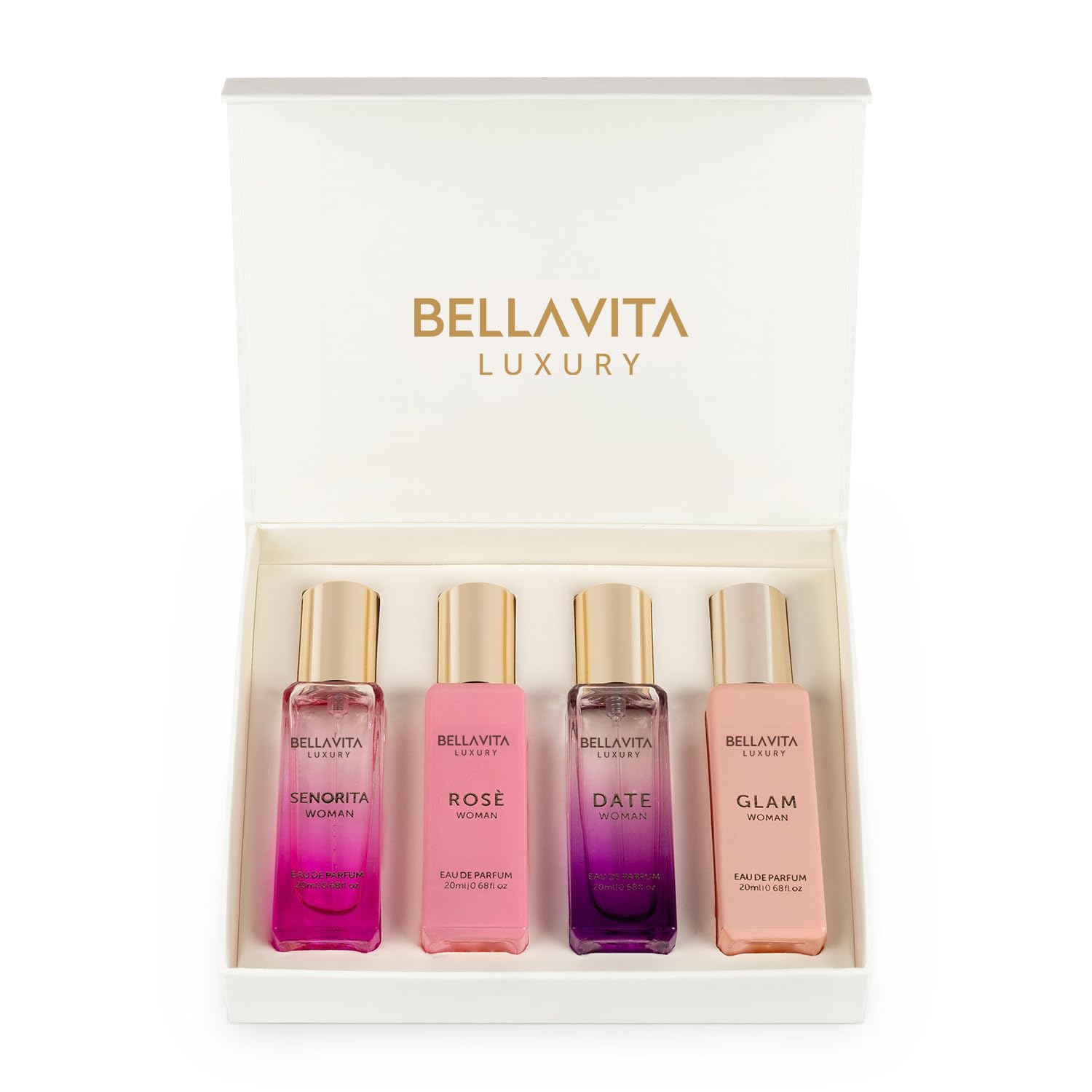 Bellavita Luxury Women's Perfume Gift Set (4x20ml) | Floral, Sweet, Spicy Red Fruit, Vanilla & Musk Notes | DATE, SENORITA, GLAM & ROSE | French Parfum Collection