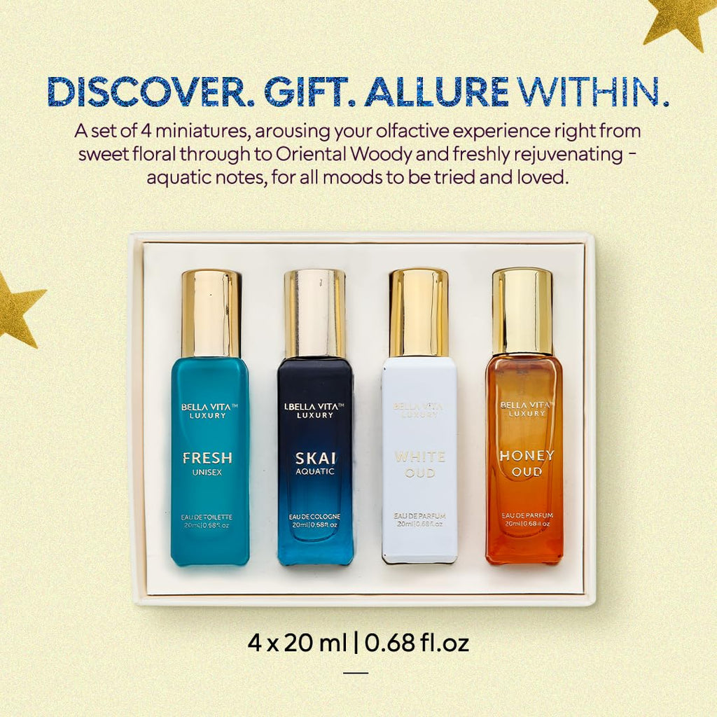 Indulge in Luxury with the Bellavita Unisex Cologne Gift Set – Four Exquisite Mini Fragrances for Men and Women | Travel-Friendly Perfumes: Honey OUD, SKAI, FRESH & White OUD