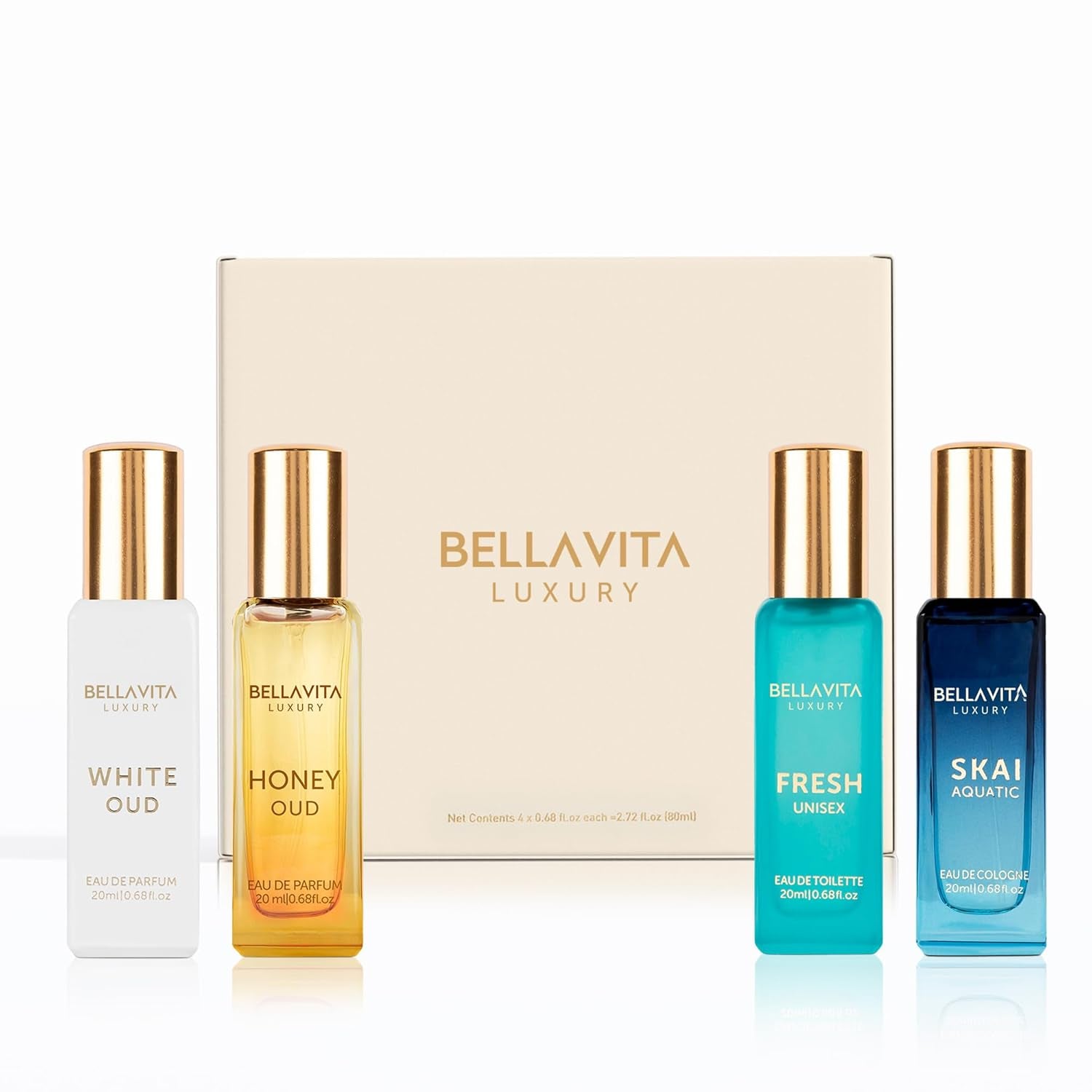 Indulge in Luxury with the Bellavita Unisex Cologne Gift Set – Four Exquisite Mini Fragrances for Men and Women | Travel-Friendly Perfumes: Honey OUD, SKAI, FRESH & White OUD