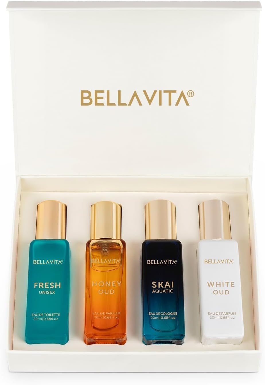 Indulge in Luxury with the Bellavita Unisex Cologne Gift Set – Four Exquisite Mini Fragrances for Men and Women | Travel-Friendly Perfumes: Honey OUD, SKAI, FRESH & White OUD