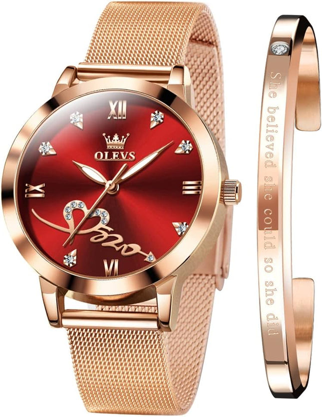 Women's Rose Gold Mesh Strap Watch - Fashionable Dress Timepiece with Heart Design, Japanese Quartz Movement, Waterproof and Luminous Features, Includes Bracelet Set
