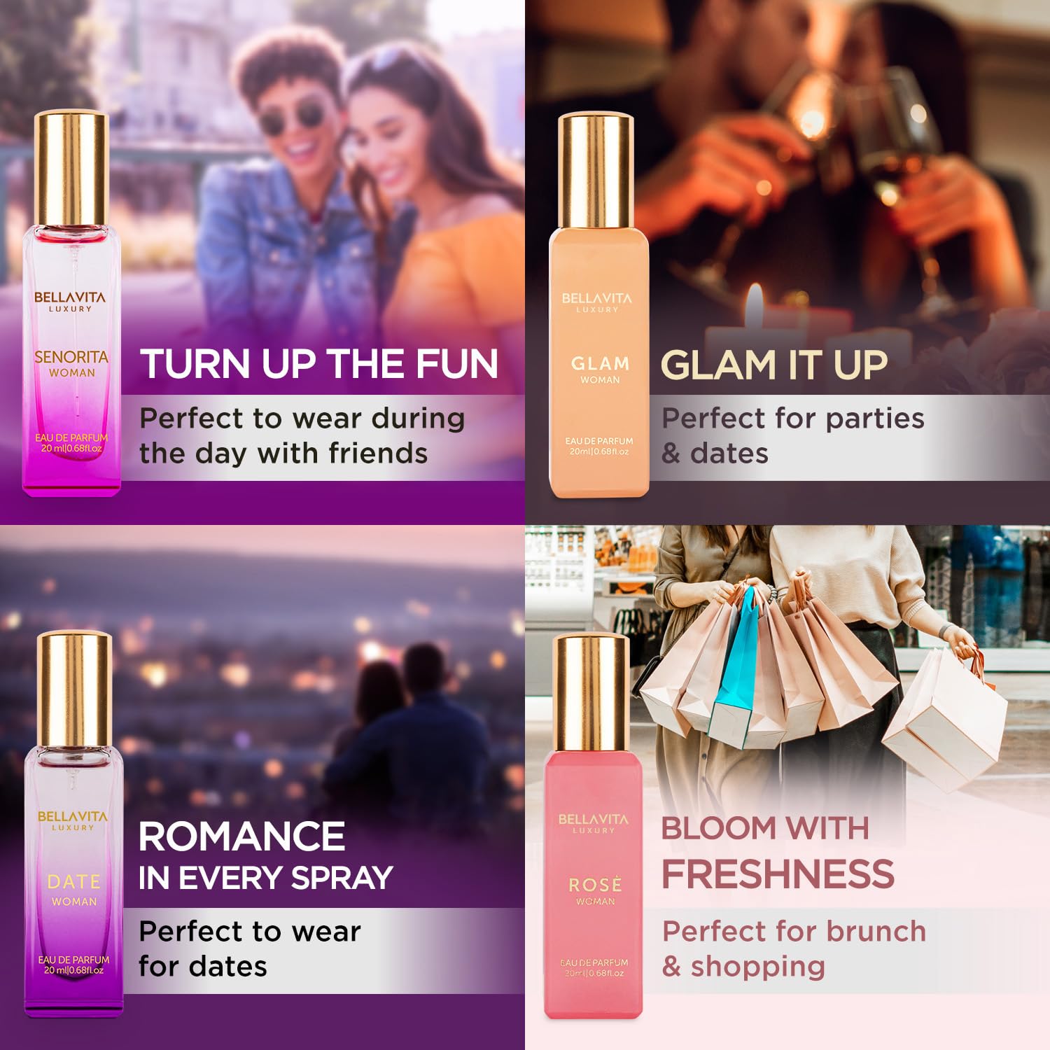 Bellavita Luxury Women's Perfume Gift Set (4x20ml) | Floral, Sweet, Spicy Red Fruit, Vanilla & Musk Notes | DATE, SENORITA, GLAM & ROSE | French Parfum Collection