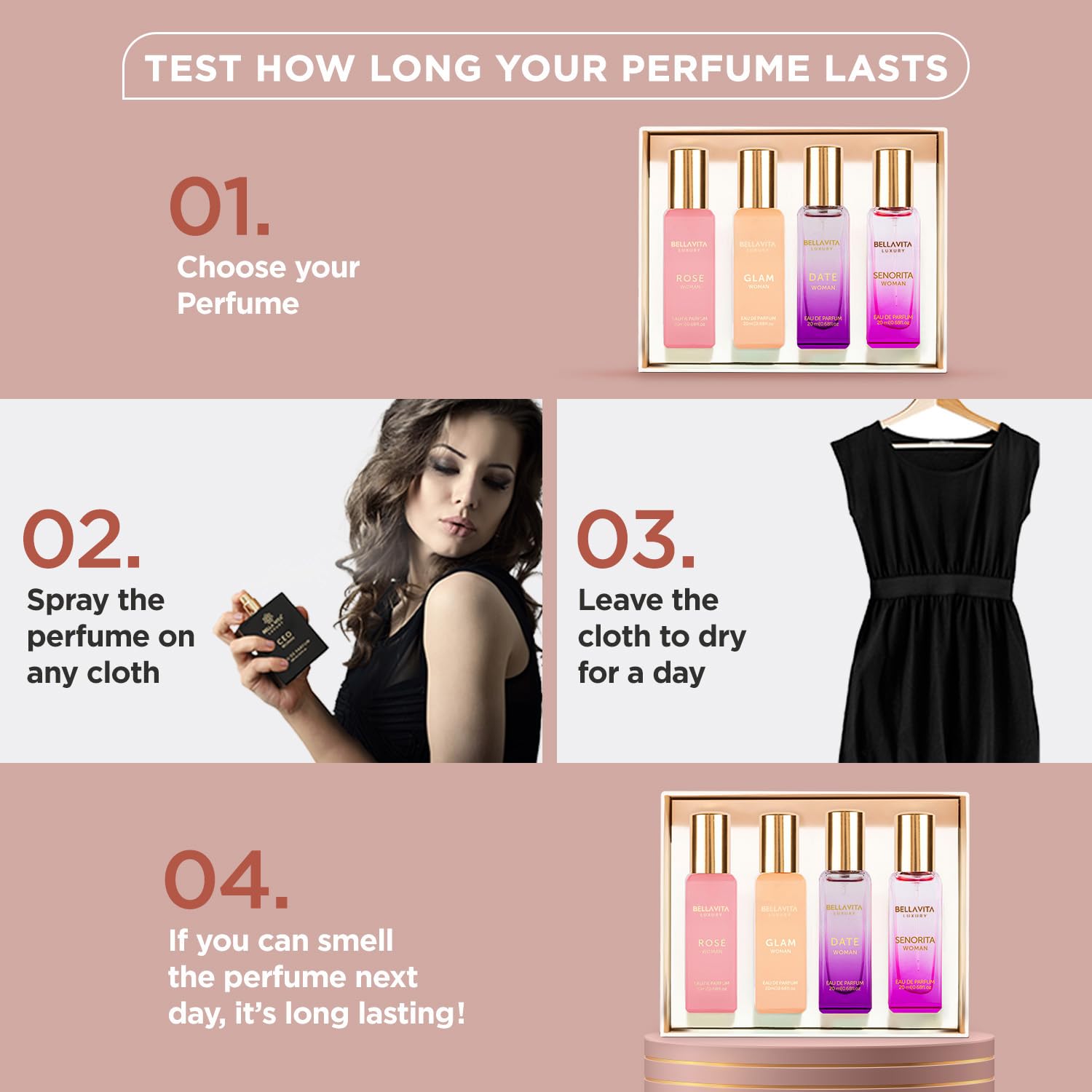 Bellavita Luxury Women's Perfume Gift Set (4x20ml) | Floral, Sweet, Spicy Red Fruit, Vanilla & Musk Notes | DATE, SENORITA, GLAM & ROSE | French Parfum Collection