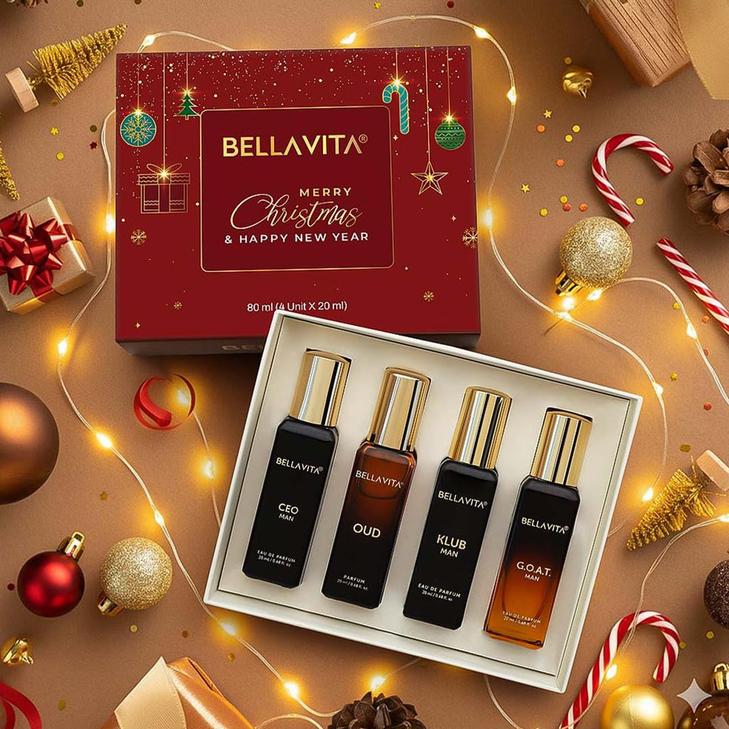 Experience Luxury with the Bella Vita Premium Long-Lasting Perfume Gift Set for Men | 4 Captivating Scents in One Elegant Collection | G.O.A.T, OUD, CEO, KLUB