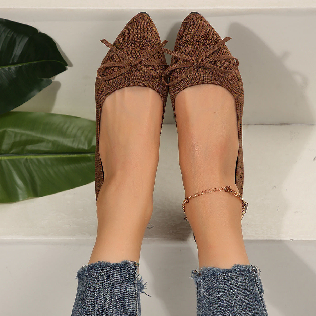 Women's Bow Knitted Loafers - Pointed-Toe Flats | GemTime Collective