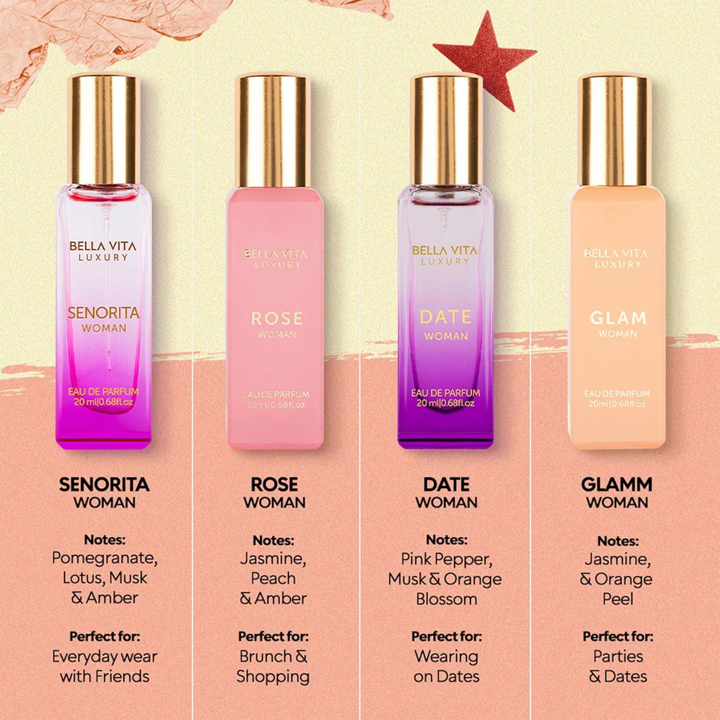 Bellavita Luxury Women's Perfume Gift Set (4x20ml) | Floral, Sweet, Spicy Red Fruit, Vanilla & Musk Notes | DATE, SENORITA, GLAM & ROSE | French Parfum Collection