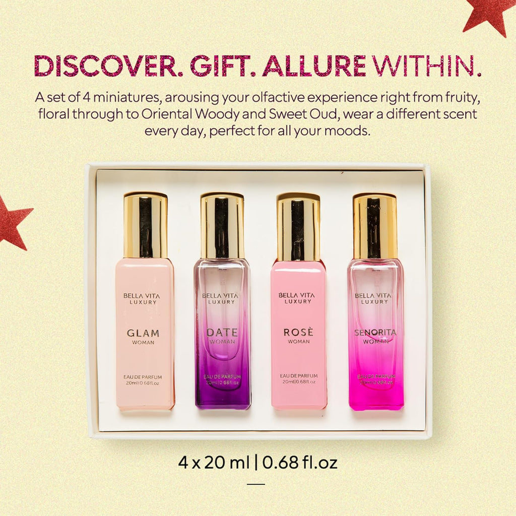 Bellavita Luxury Women's Perfume Gift Set (4x20ml) | Floral, Sweet, Spicy Red Fruit, Vanilla & Musk Notes | DATE, SENORITA, GLAM & ROSE | French Parfum Collection