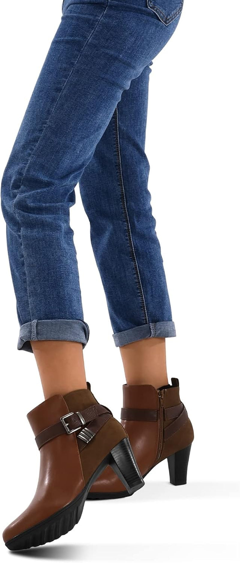 Step Out in Style with Our Women's Chunky Stacked Heel Ankle Booties Featuring a Trendy Zipper and Buckle Strap