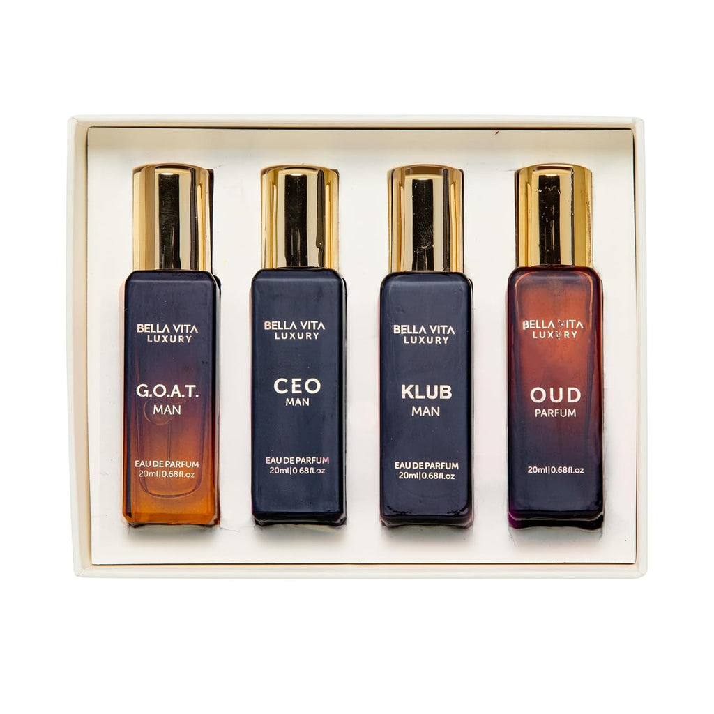 Experience Luxury with the Bella Vita Premium Long-Lasting Perfume Gift Set for Men | 4 Captivating Scents in One Elegant Collection | G.O.A.T, OUD, CEO, KLUB