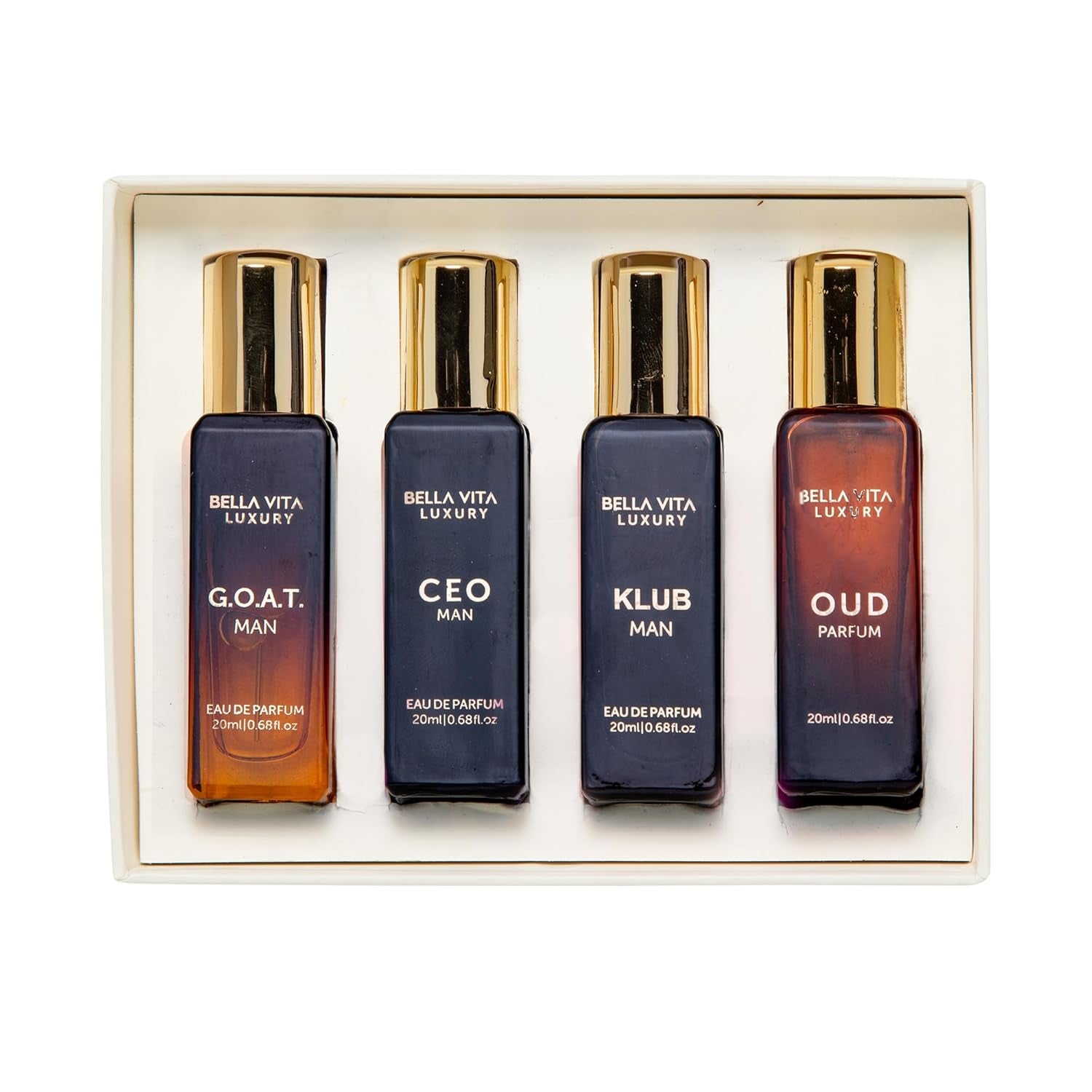 Experience Luxury with the Bella Vita Premium Long-Lasting Perfume Gift Set for Men | 4 Captivating Scents in One Elegant Collection | G.O.A.T, OUD, CEO, KLUB