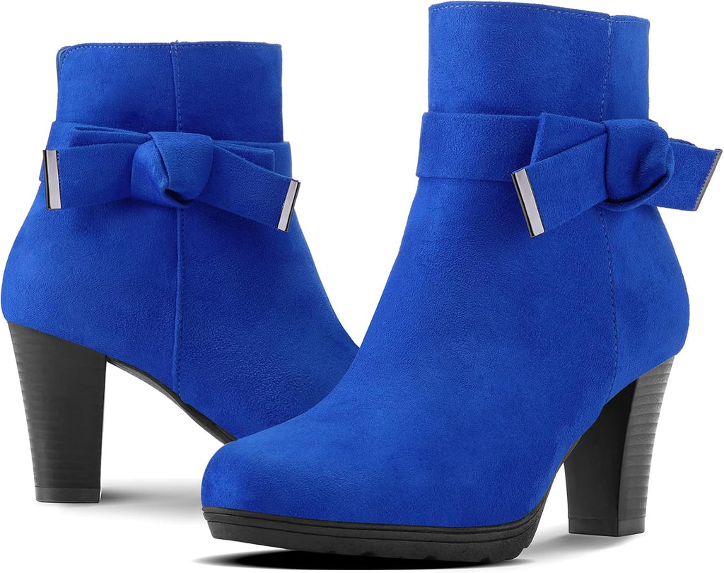 Step Out in Style: Women's Royal Blue Chunky Stacked Heel Ankle Boots with Convenient Zipper