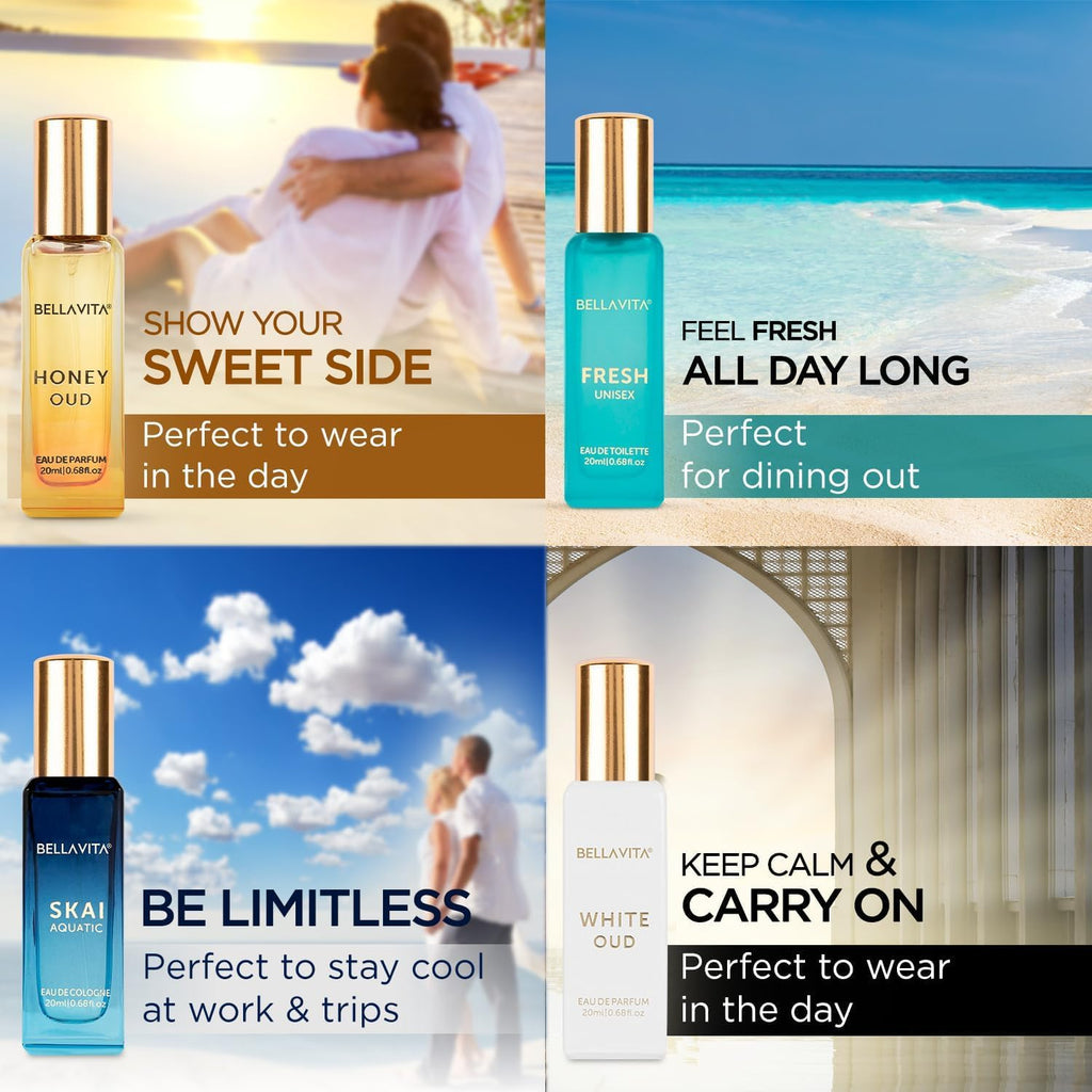 Indulge in Luxury with the Bellavita Unisex Cologne Gift Set – Four Exquisite Mini Fragrances for Men and Women | Travel-Friendly Perfumes: Honey OUD, SKAI, FRESH & White OUD