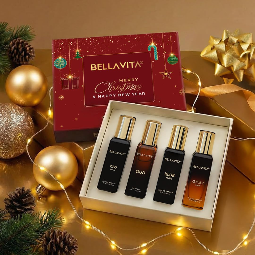 Experience Luxury with the Bella Vita Premium Long-Lasting Perfume Gift Set for Men | 4 Captivating Scents in One Elegant Collection | G.O.A.T, OUD, CEO, KLUB