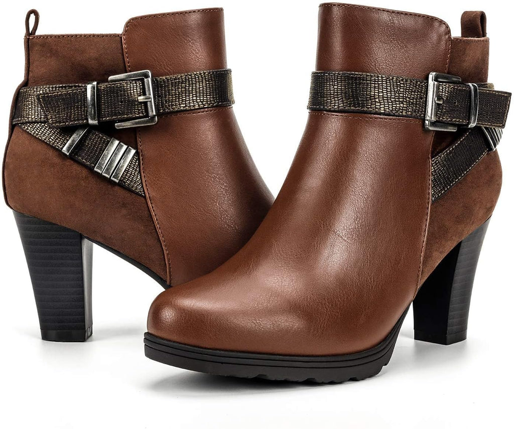 Step Out in Style with Our Women's Chunky Stacked Heel Ankle Booties Featuring a Trendy Zipper and Buckle Strap