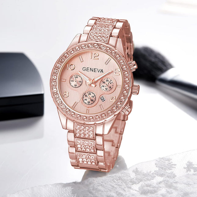 Luxury Unisex Quartz Crystal Diamond Watch with Digital Calendar in Rose Gold and Silver Stainless Steel