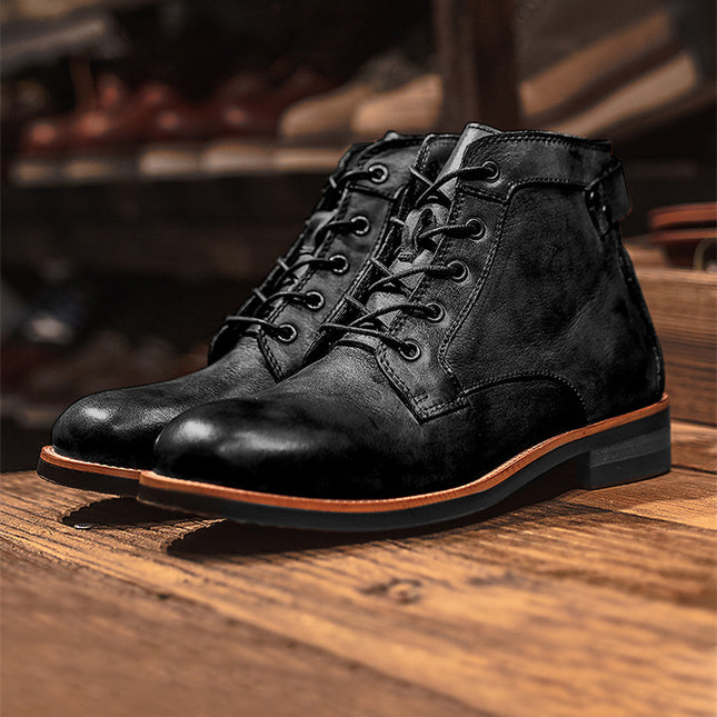 Men's Retro Lace-Up Leather Ankle Boots - Low Heel Motorcycle Boots | GemTime Collective