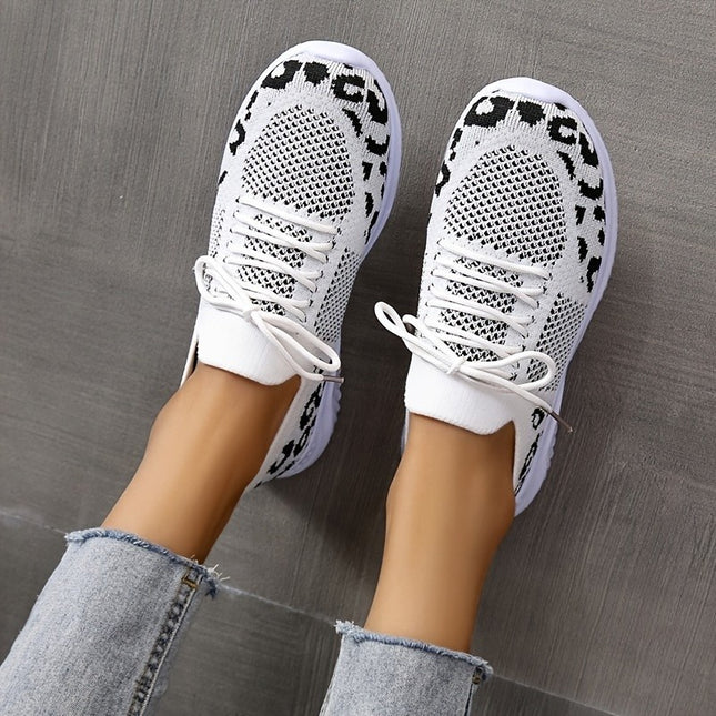 Women's Leopard Print Sneakers - White Mesh Sports Shoes | GemTime
