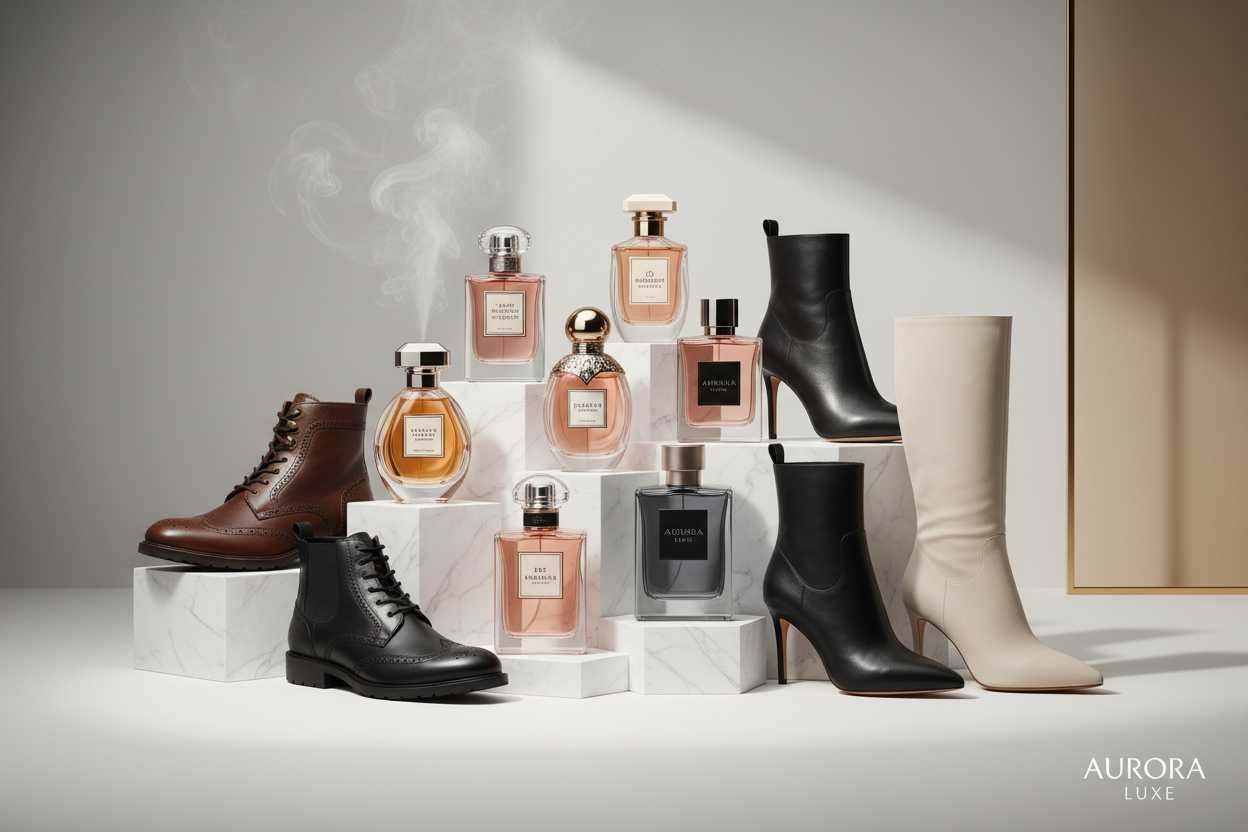 Men and women, fragrances and fashionable boots